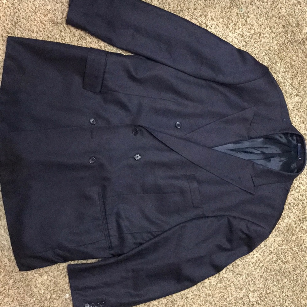 Paul Fredrick 100% wool navy double breasted suit